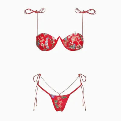 Women Fashion Sexy Embroidered Lace-Up Bikini Swimsuit