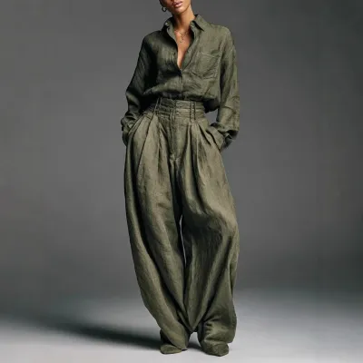 Women Retro Casual Solid Color Shirt And Pants Two-Piece Set