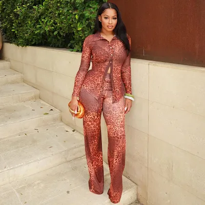 Women Fashion Leopard Print Shirt And Pants Two-Piece Set