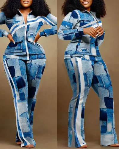 Women Casual Leopard Print Zip Top And Pants Two-Piece Set
