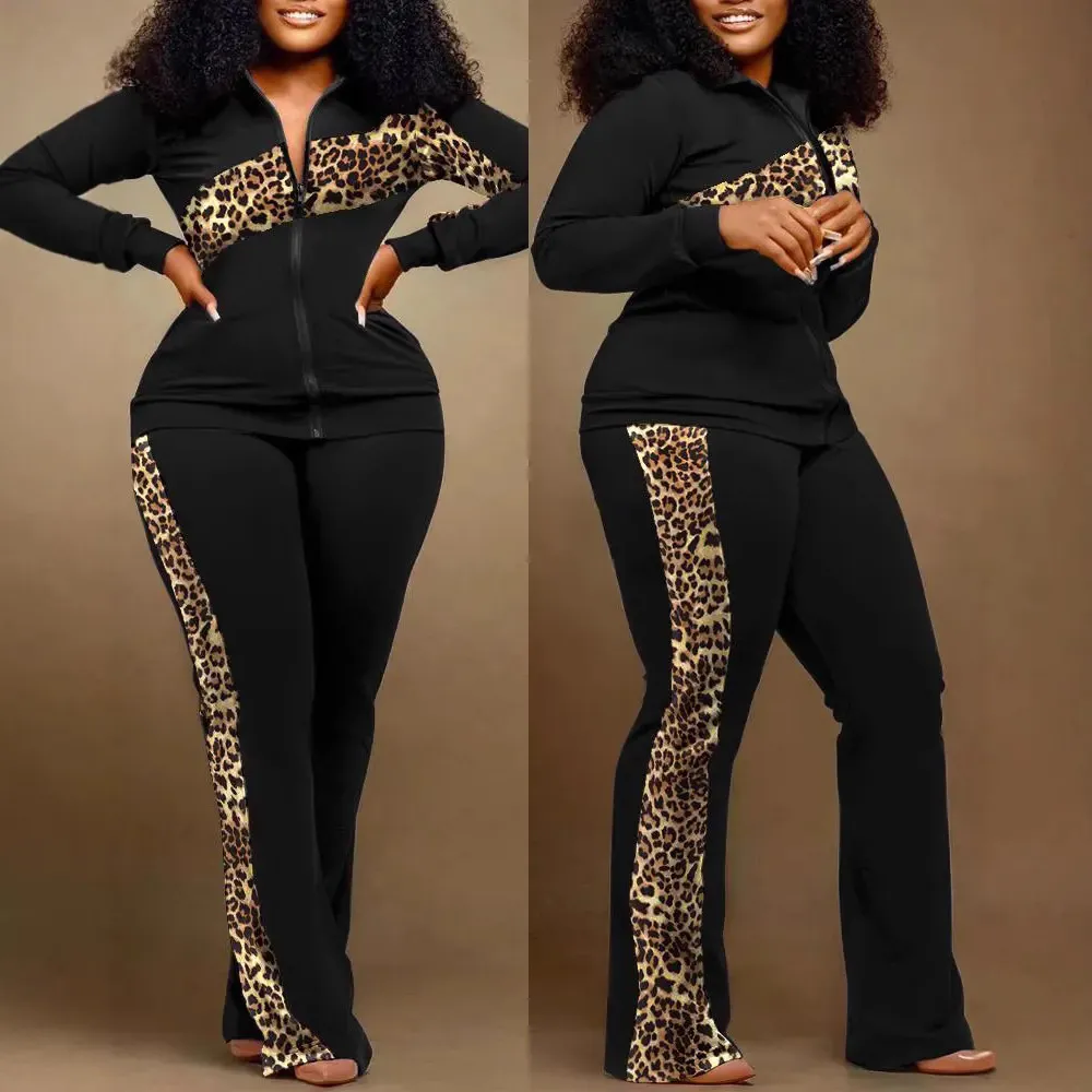 Women Casual Leopard Print Zip Top And Pants Two-Piece Set
