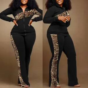 Women Casual Leopard Print Zip Top And Pants Two-Piece Set