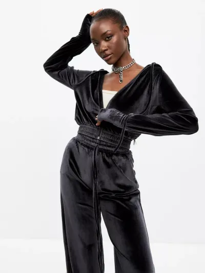 Women Casual Athleisure Solid Color Suede Zip Hoodie And Pants Sport Two-Piece Set