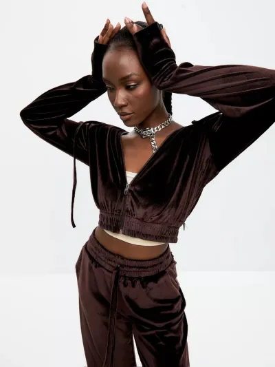 Women Casual Athleisure Solid Color Suede Zip Hoodie And Pants Sport Two-Piece Set