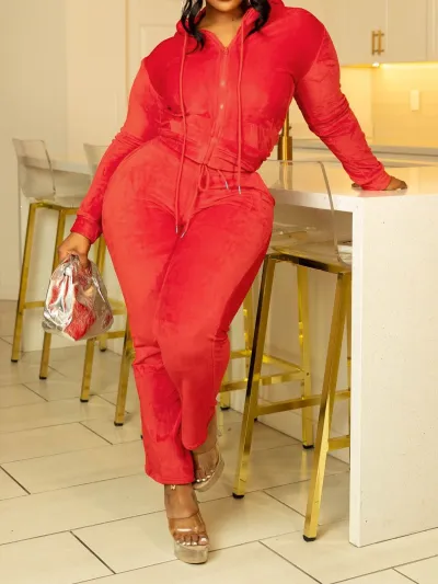 Women Athleisure Casual Solid Color Suede Sport African Pants Two-Piece Set