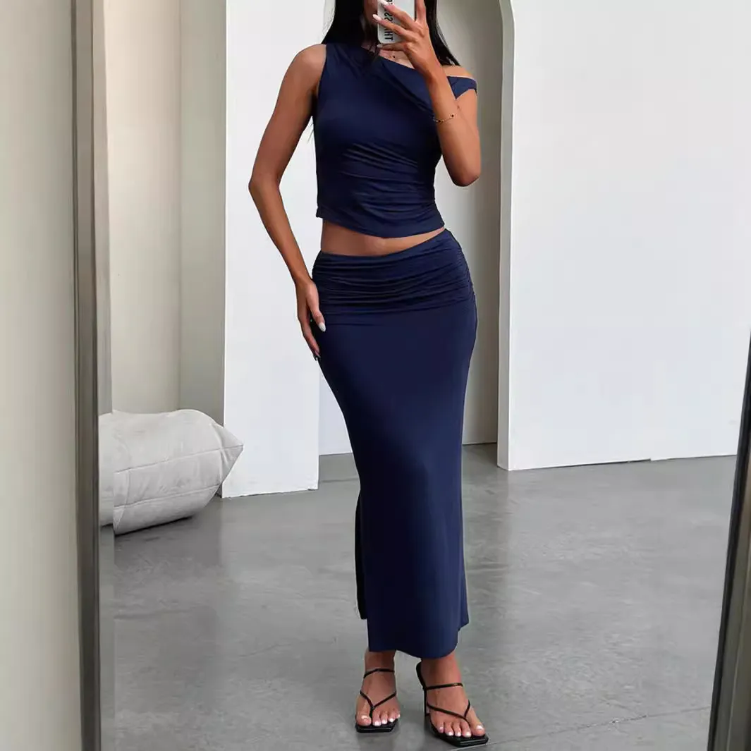Women Trendy Crop Top And Maxi Skirts Two-Piece Sets