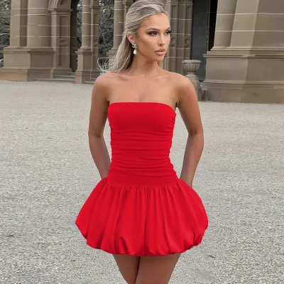 Women Fashion Sexy Solid Color Strapless Tube Mini Dress