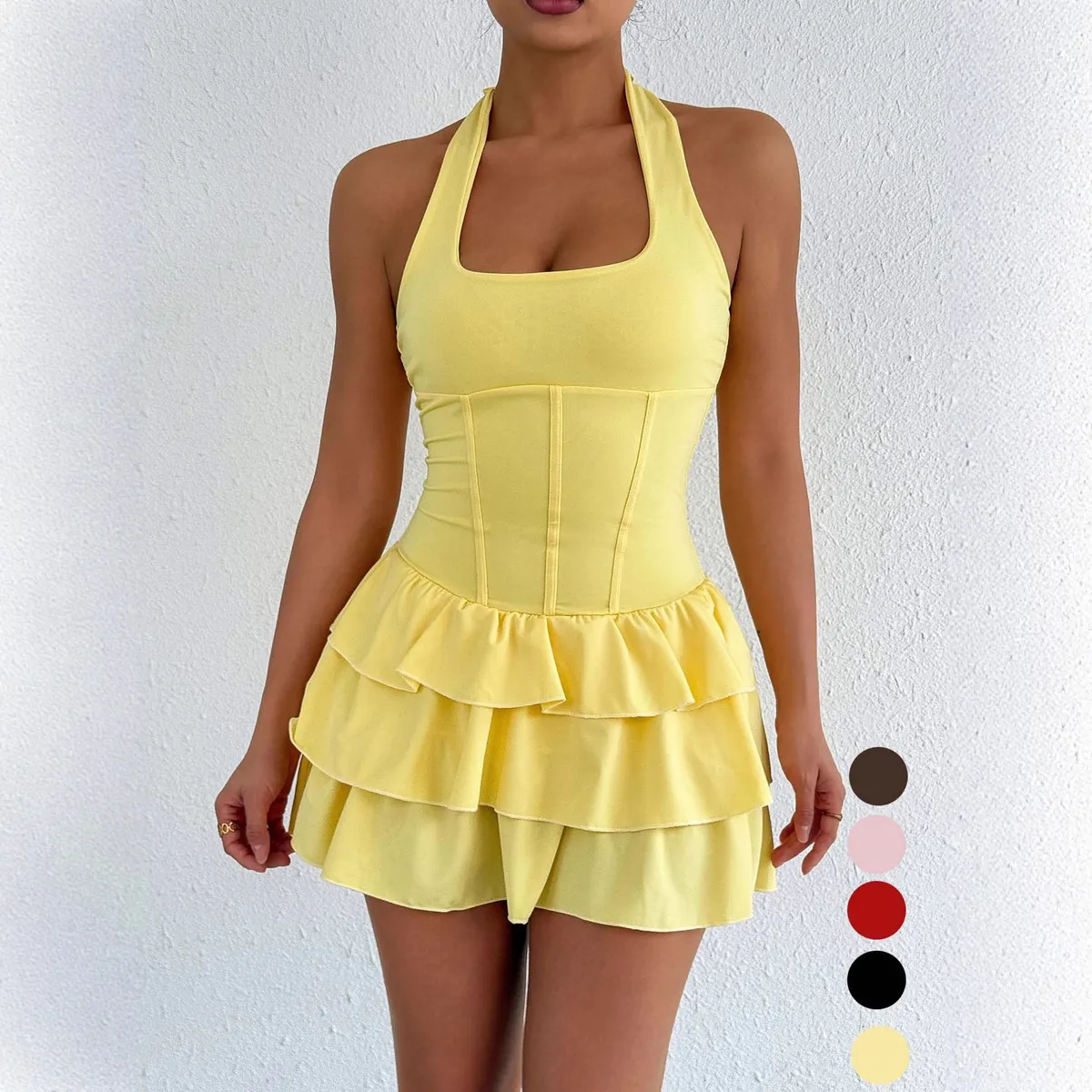 Women Fashion Solid Color Ruffled Neck Mini Dress