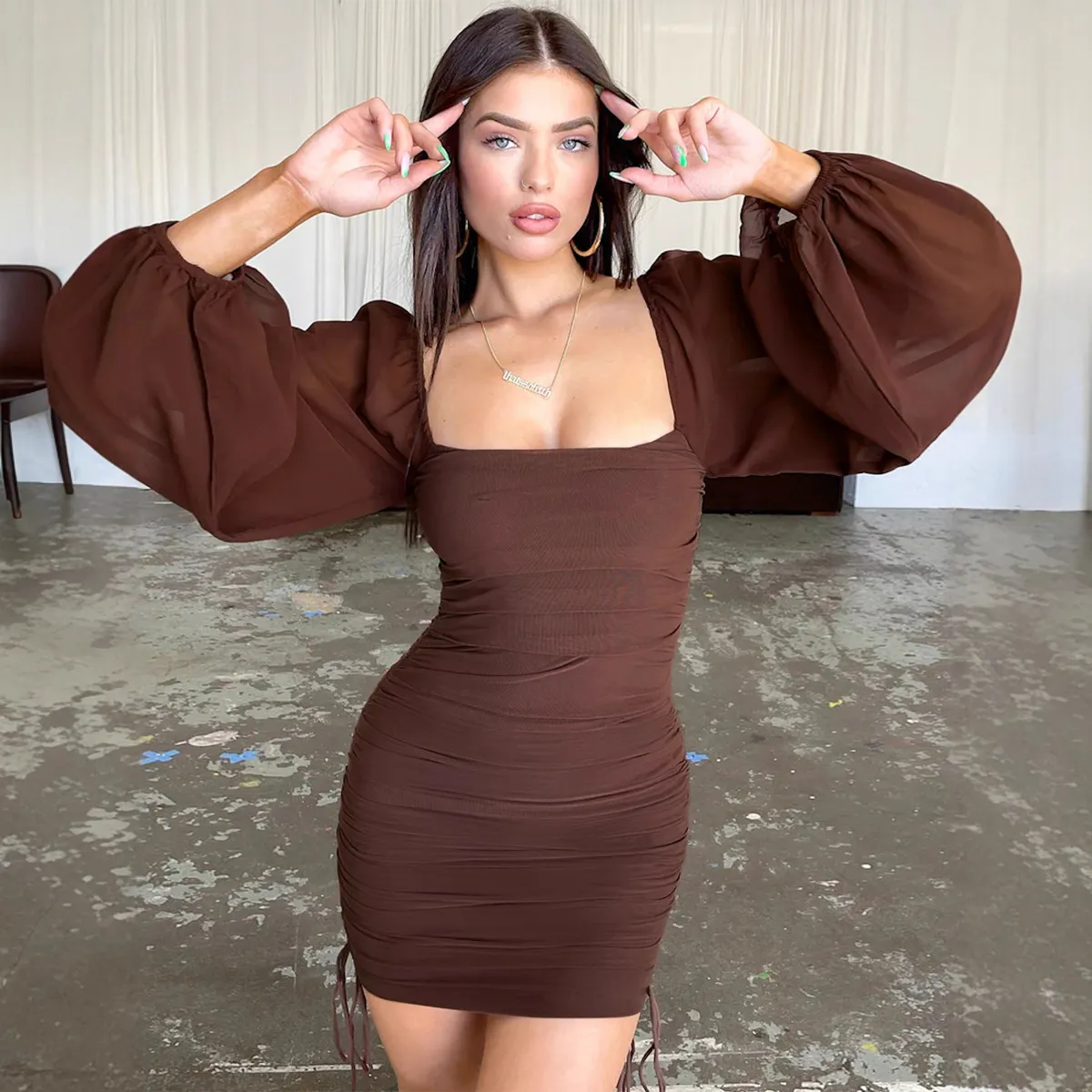 Women Fashion Sexy Solid Color Square Collar Lantern Sleeve Drawstring Bodycon Mini Dress