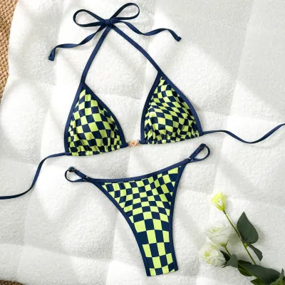 Women Sexy Plaid Printed Halter-Neck Lace-Up Bikini Swimsuit