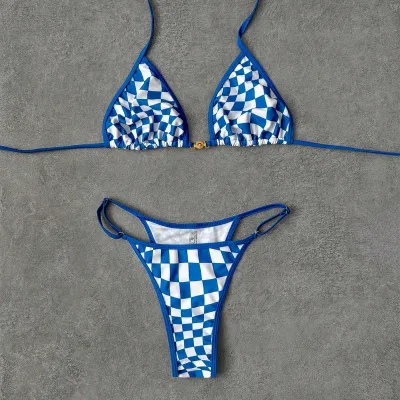 Women Sexy Plaid Printed Halter-Neck Lace-Up Bikini Swimsuit