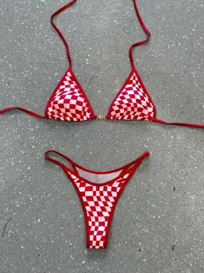 Women Sexy Plaid Printed Halter-Neck Lace-Up Bikini Swimsuit
