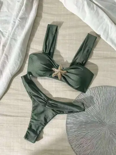 Women Sexy Solid Color Metal Buckle Bikini Swimsuit