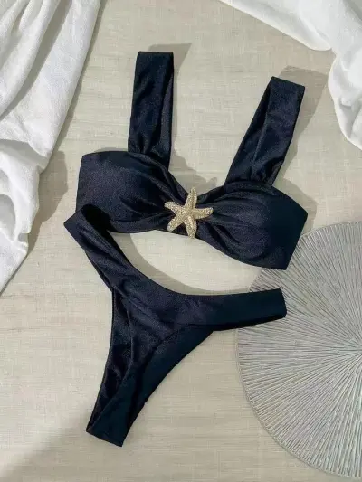 Women Sexy Solid Color Metal Buckle Bikini Swimsuit