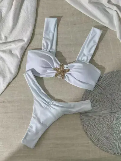 Women Sexy Solid Color Metal Buckle Bikini Swimsuit