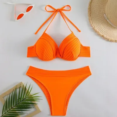 Women Fashion Sexy Solid Color Steel Rim Bikini Swimsuit
