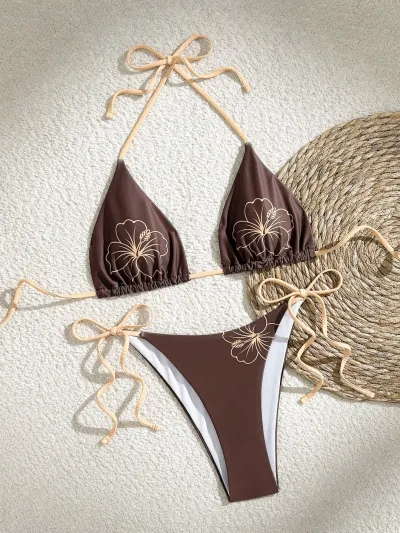 Women Sexy Floral Print Halter Neck Lace-Up Bikini Swimsuit