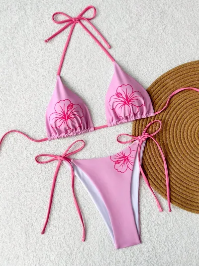 Women Sexy Floral Print Halter Neck Lace-Up Bikini Swimsuit
