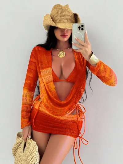 Women Fashion Sexy Dyed Print Mesh Long-Sleeve Bikini Swimsuit Four-Piece Set
