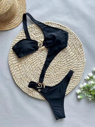 Women Fashion Sexy Irregular Hollow Slant Strap Metal Buckle One-Piece Swimsuit