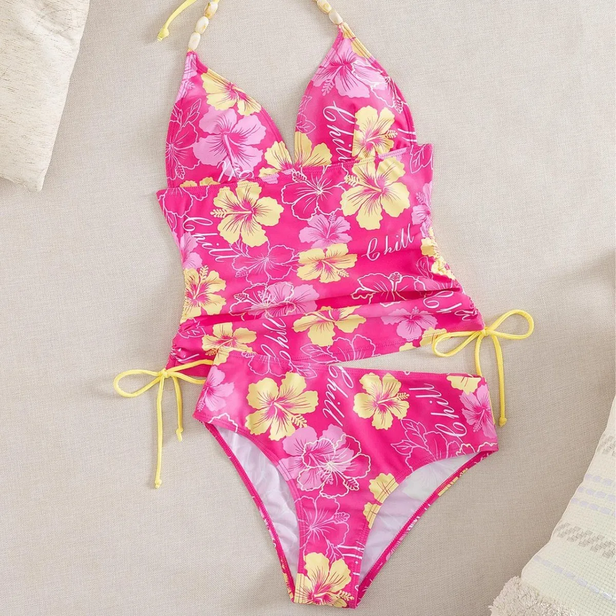 Women Sexy Floral Printed Halter Neck One-Piece Swimsuit