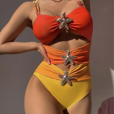 Women Fashion Sexy Gradient Starfish Buckle One-Piece Swimsuit
