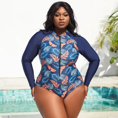 Women Plus Size Sexy Printed Floral Long Sleeve Zipper One-Piece Swimsuit