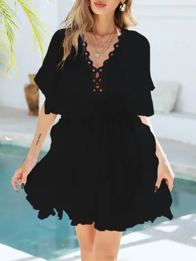 Women Sexy Hollow-Out Short-Sleeve Beach Cover-Up