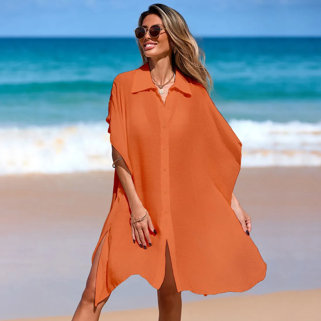 Women Casual Solid Color Lapel Short-Sleeve Loose Shirt Beach Cover-Ups