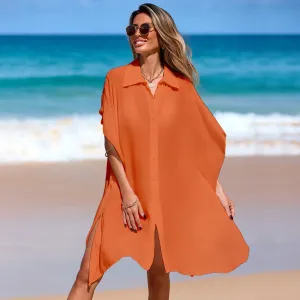 Women Casual Solid Color Lapel Short-Sleeve Loose Shirt Beach Cover-Ups