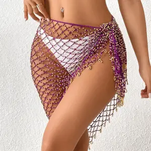 Women Fashion Sexy Beaded Mesh Crochet Beach Cover-Ups