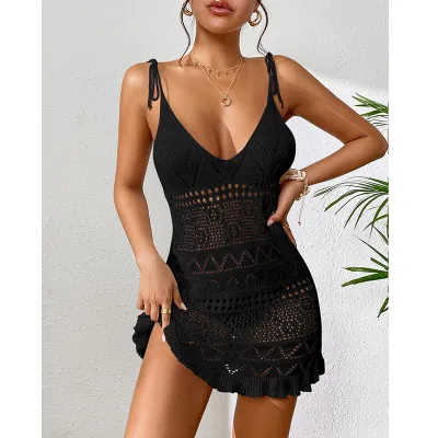 Women Sexy Solid Color Deep V Perspective Hollow Crochet Beach Cover-Ups