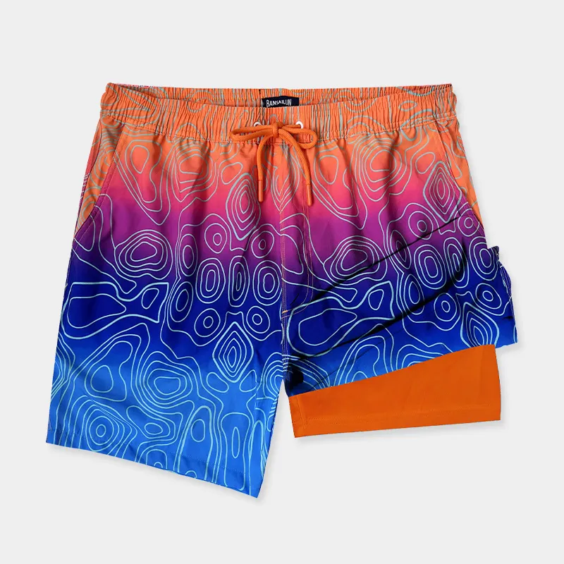 Men Fashion Casual Printed Double Layer Quick-Drying Loose Beach Trunks