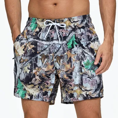 Men's Fashion Casual Printed Pocket Zipper Four-Sided Elastic Beach Trunks