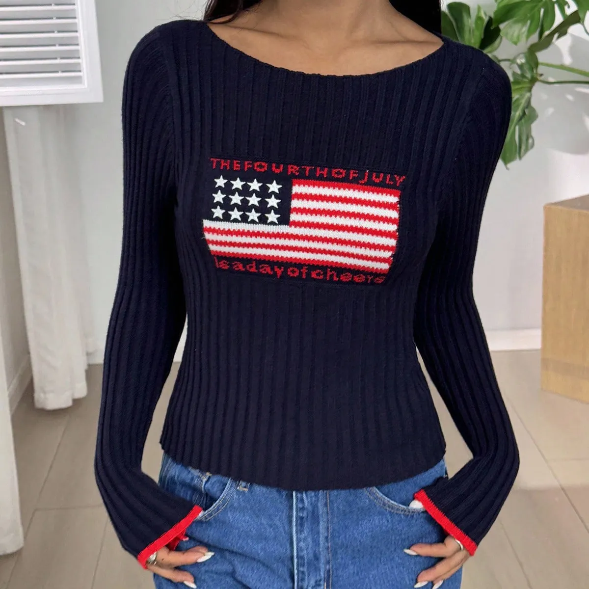 Women Fashion Casual Autumn Winter American Flag Off-Shoulder Long-Sleeve Knitwear