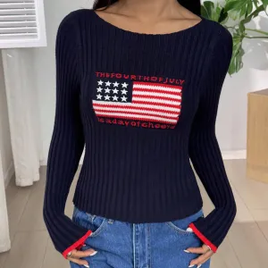 Women Fashion Casual Autumn Winter American Flag Off-Shoulder Long-Sleeve Knitwear