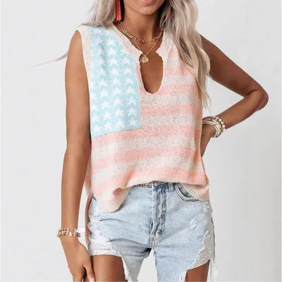 Women's Patriotic American Flag V-Neck Sleeveless Knitted Tank Top for Party Festivals