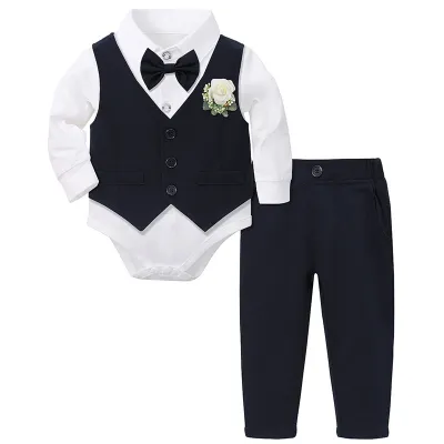 Kids Baby Boy'S Fashion Casual Cotton Blend Rompers Vest Pants Suit Three-Piece Set