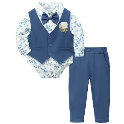 Kids Baby Boy'S Fashion Casual Cotton Blend Rompers Vest Pants Suit Three-Piece Set