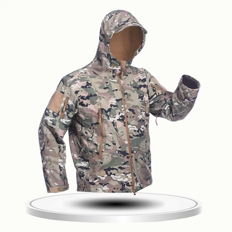 Men Fashion Camouflage Outdoor Waterproof Warm Fleece Long-Sleeve With Hood Coat