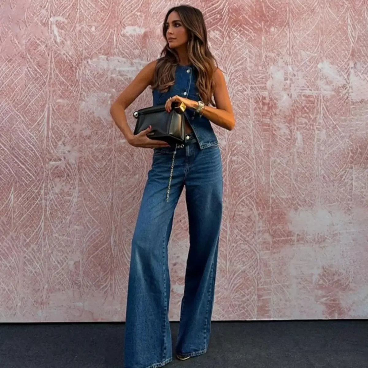 Women Fashion Sexy Sleeveless Vest Wide Leg Denim Two-Piece Set
