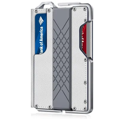 محفظة بطاقات أوتوماتيكية أنيقة للرجال، مصنوعة من الجلد الطبيعي بنقشة معدنية مضادة للمغناطيسية