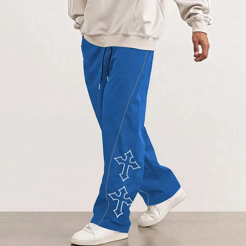 Men's Fashion Casual Solid Color Cross Print Drawstring Waist Pants