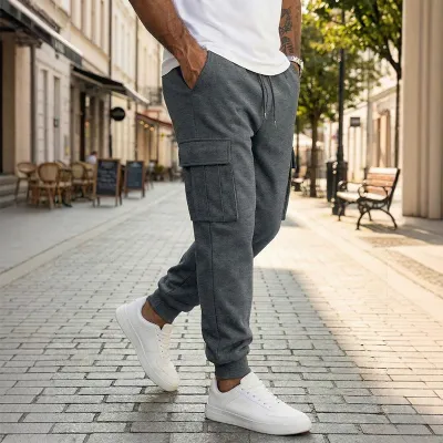 Men Fashion Casual Solid Color Multi-Pocket Drawstring Jogger Pants