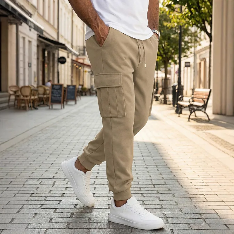 Men Fashion Casual Solid Color Multi-Pocket Drawstring Jogger Pants