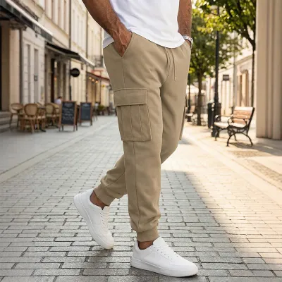 Men Fashion Casual Solid Color Multi-Pocket Drawstring Jogger Pants
