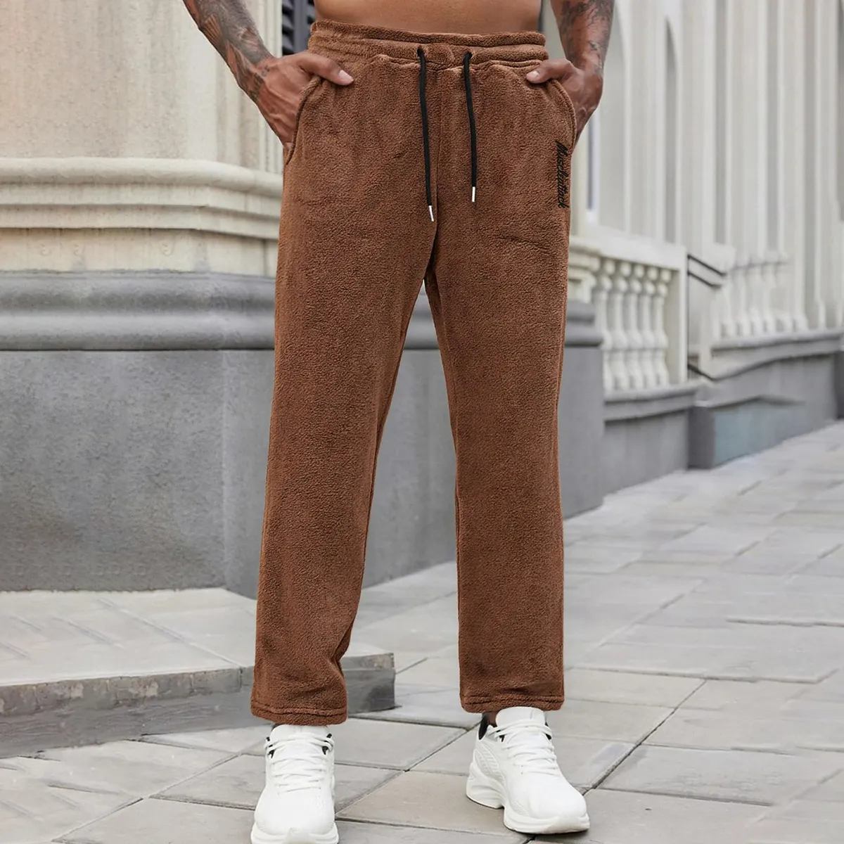 Men's Fashion Casual Solid Color Letter Embroidered Pocket Drawstring Straight Leg Pants