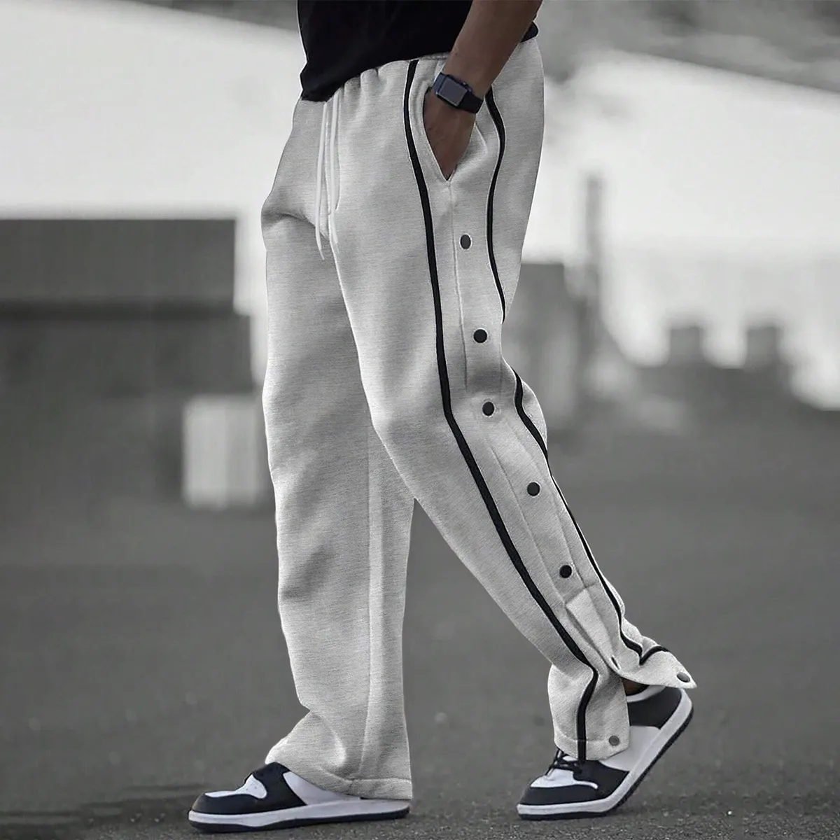 Men's Casual White Line Breasted Straight Pants with Pocket Decoration