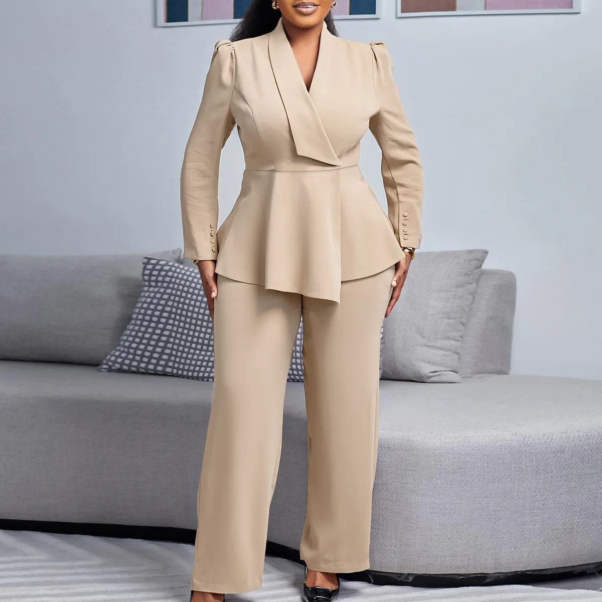 Women Temperament Solid Color Blazer And Pants Two-Piece Set