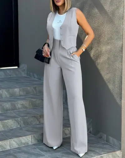 Women Vest And Wide-Leg Two-Piece Set
